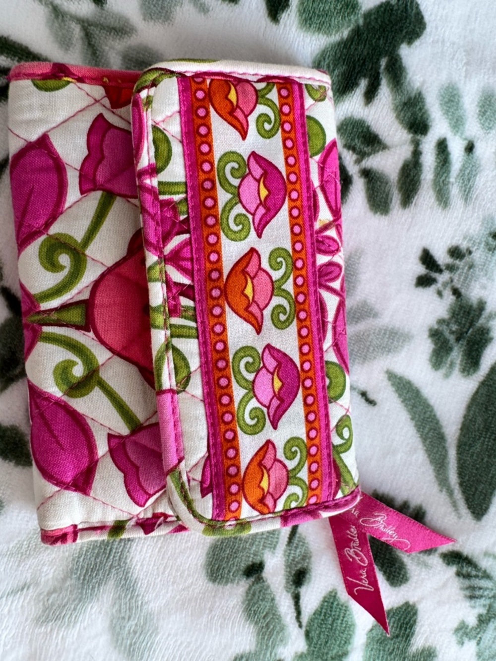 Vera Bradley Pink Floral Quilted Small Wallet with Orange and Green Accents